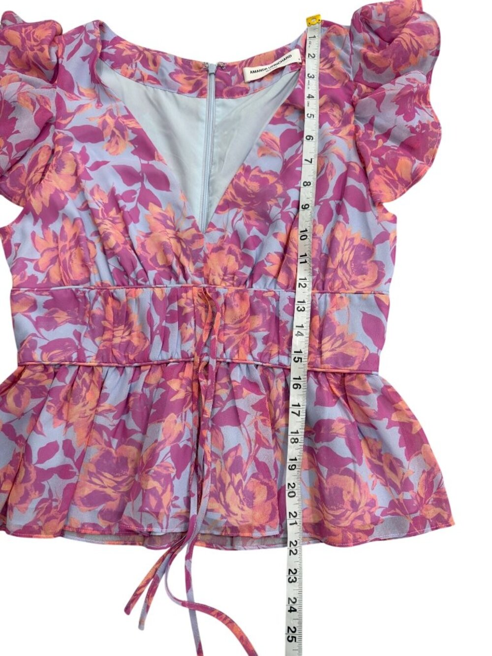 Amanda Uprichard Womens Size M Peplum Top Ruffle-Sleeve Floral Pink Blue Summer - Picture 6 of 7